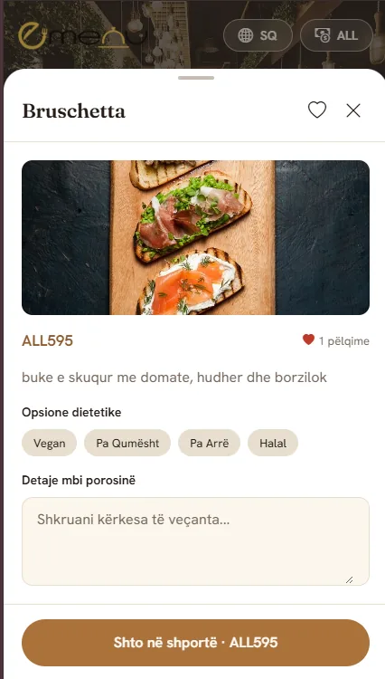 Detajet e artikullit Bruschetta në menunë digjitale, me çmimin dhe butonin për ta shtuar në shportë